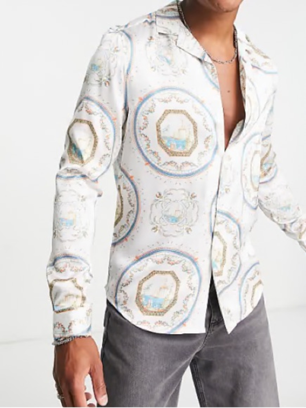 ASOS Men’s Satin Vintage-Style Printed Button-Down Shirt Size Medium